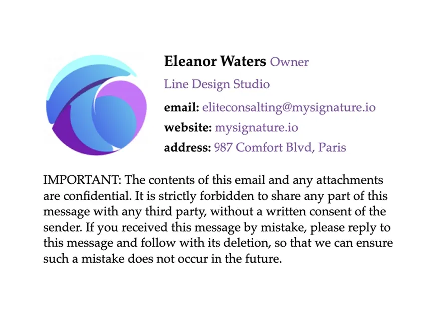 A personal email signature example with a playful disclaimer at the bottom