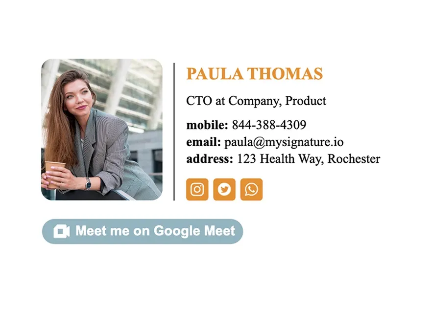 A personal email signature example with social media icons and a website link