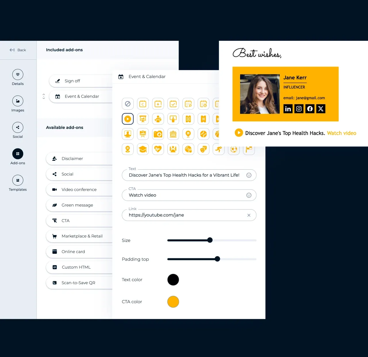 MySignature editor: the list of email signature add-ons and an Event & Calendar add-on with a video link
