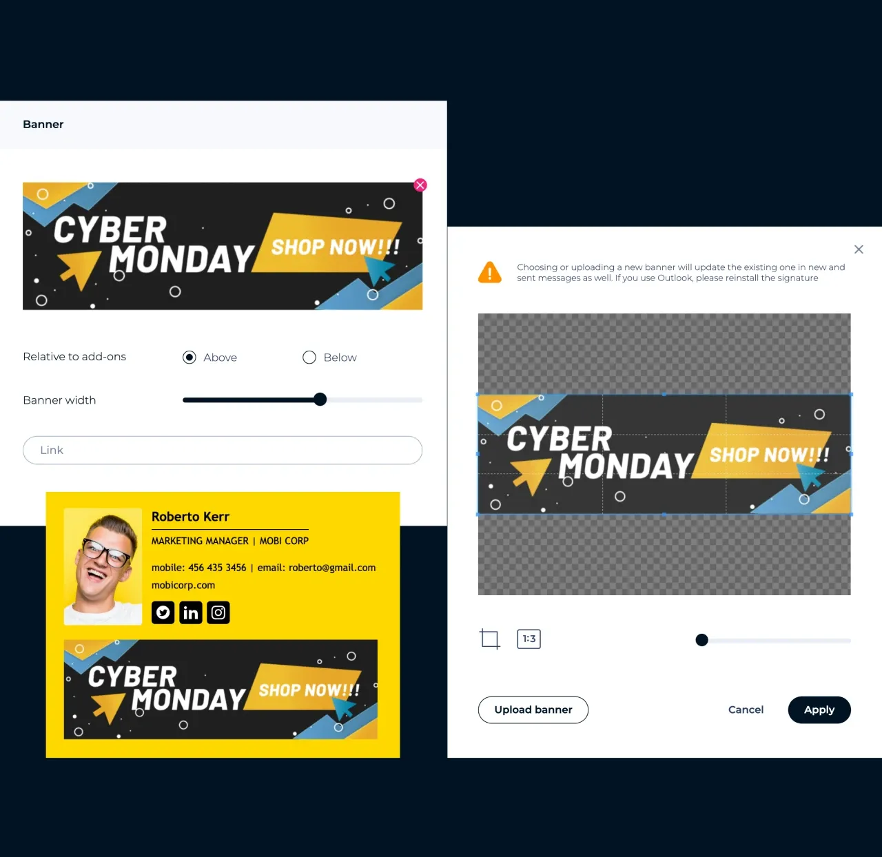 MySignature editor: uploading and cropping a promotional banner for an email signature