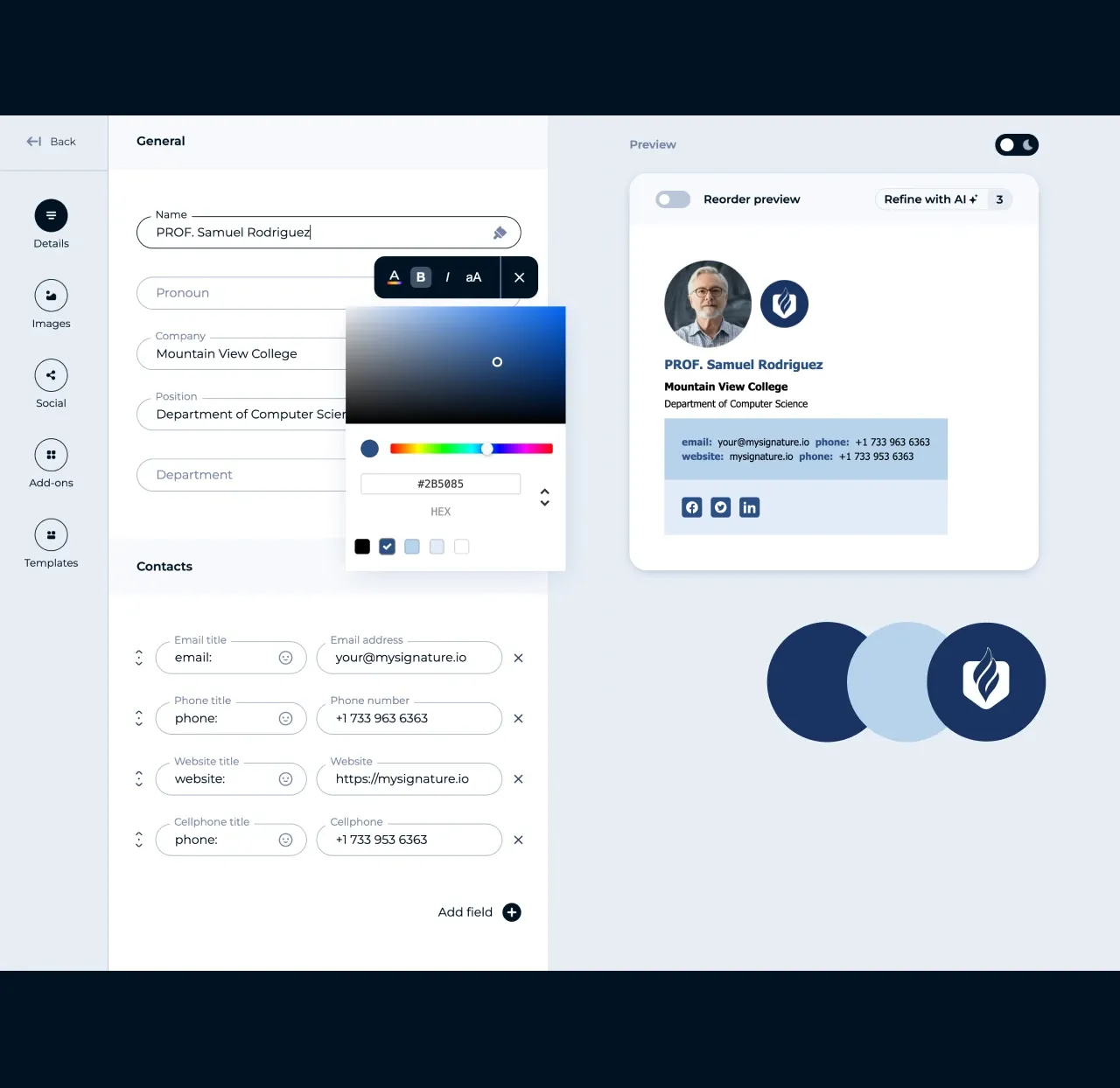 MySignature editor: setting a custom name color in an email signature with the color picker
