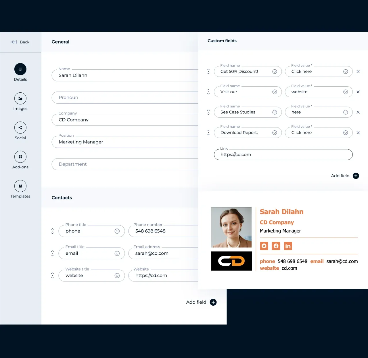 MySignature editor: adding email, phone, address, and website fields to an email signature