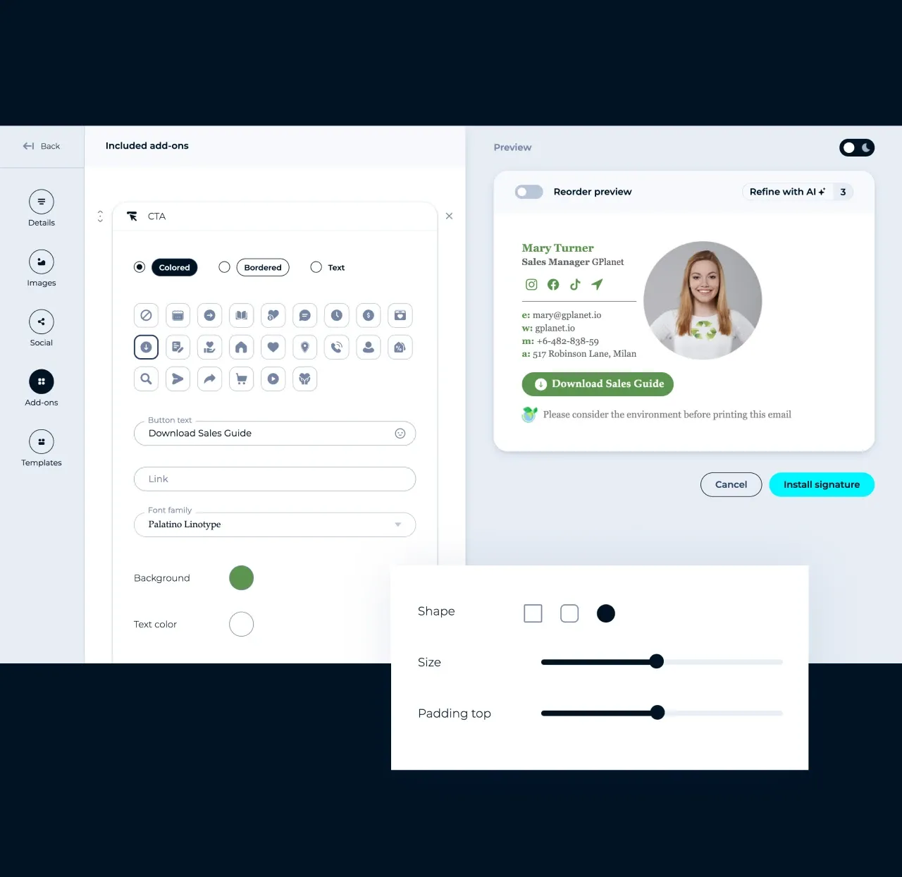 MySignature editor: adding a CTA button with custom text and colors to an email signature