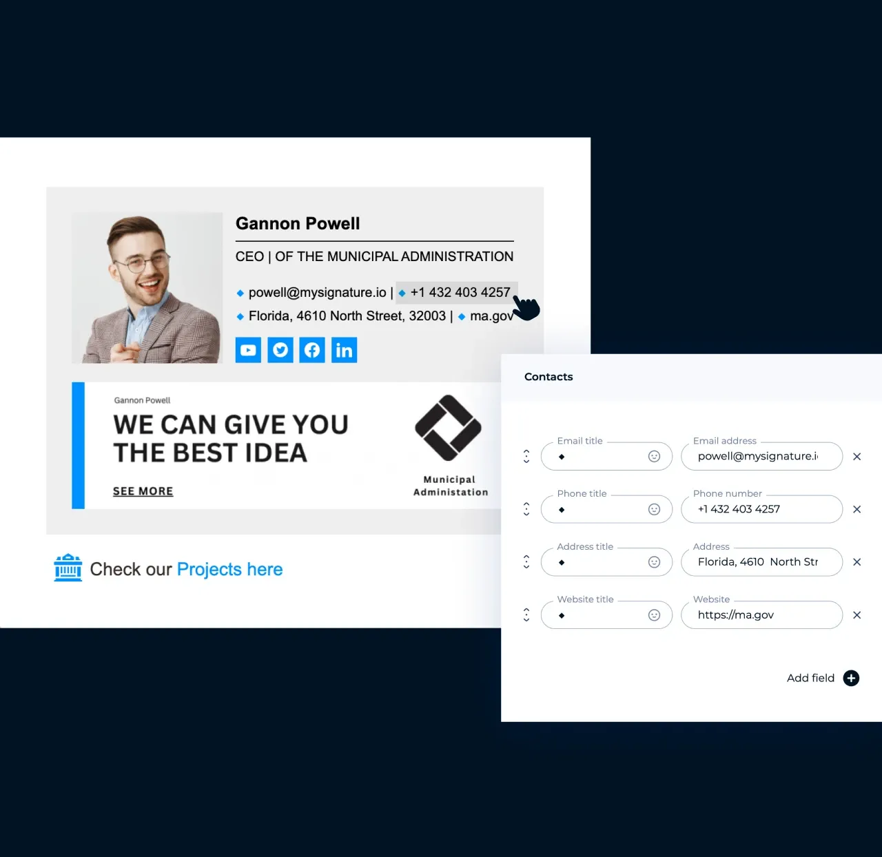 MySignature editor: adding custom fields with clickable links to an email signature