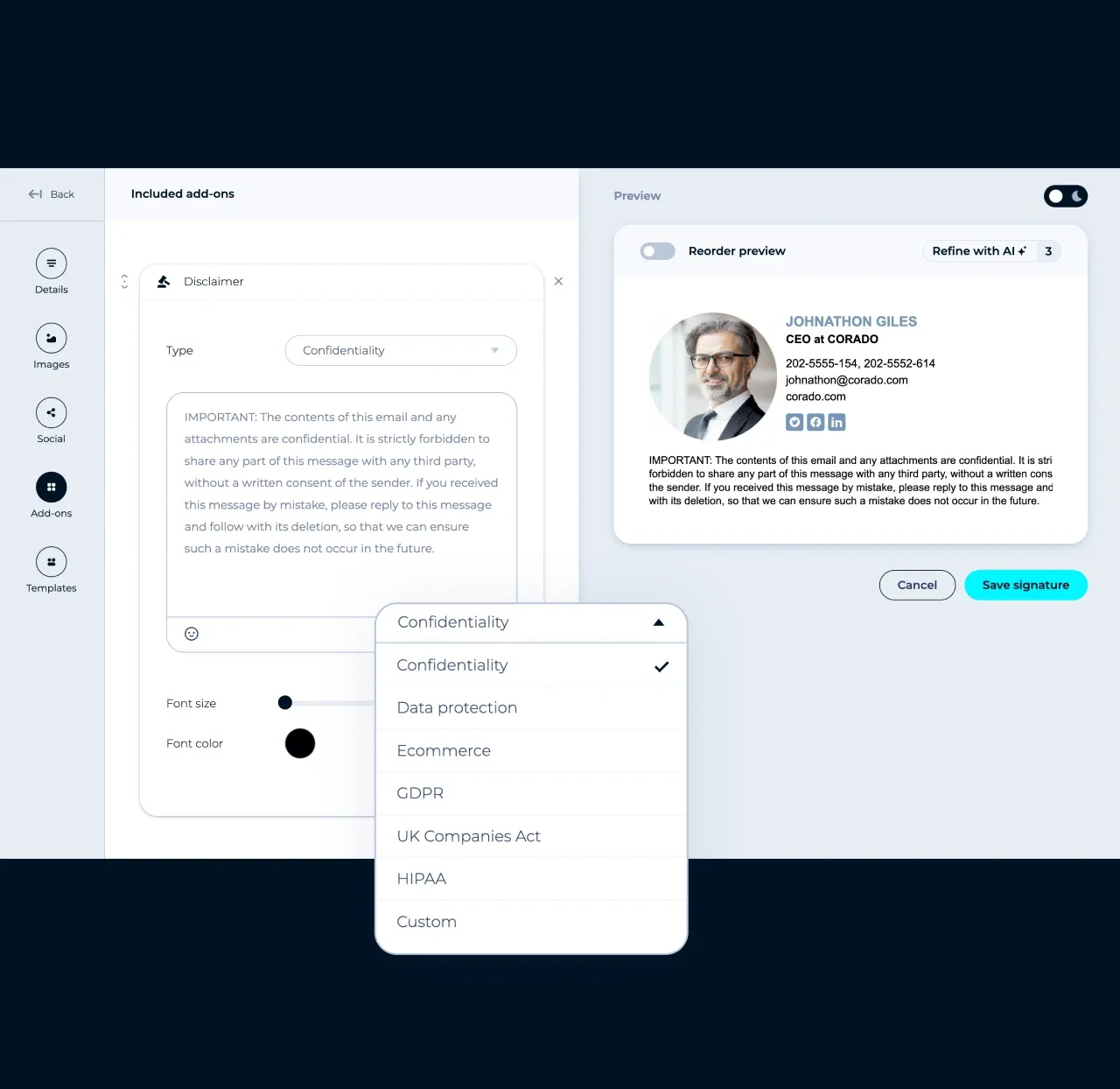 MySignature editor: adding a confidentiality disclaimer from ready-made disclaimer types