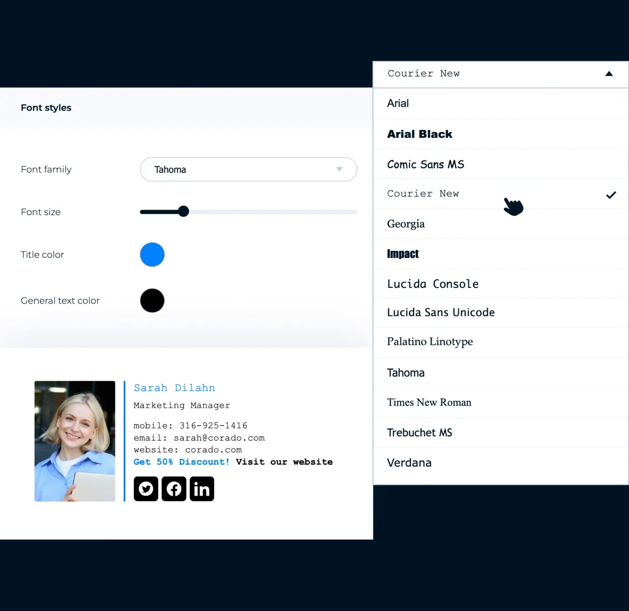 MySignature editor: choosing the font family and font size for an email signature