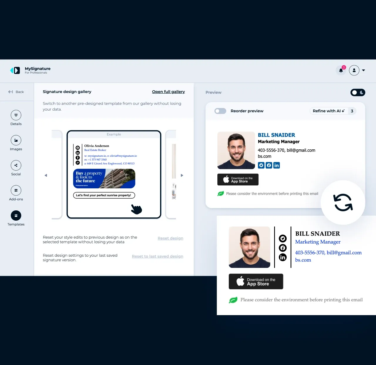 MySignature editor: switching to another template from the signature design gallery without losing your details