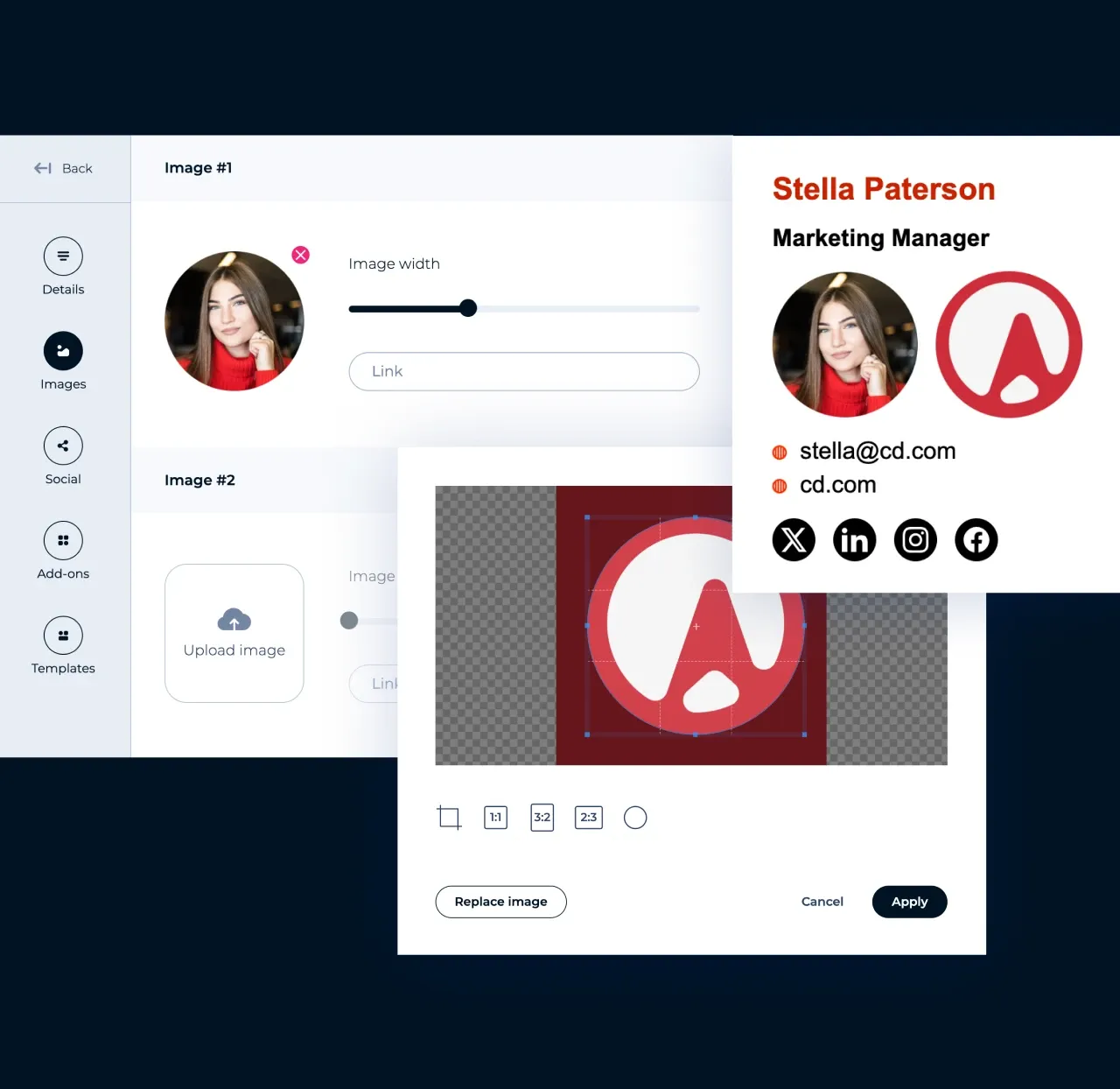 MySignature editor: uploading and cropping a photo and a company logo for an email signature