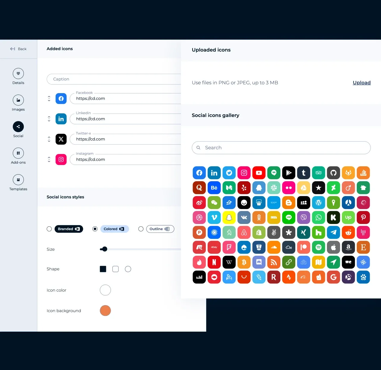 MySignature editor: adding social icons from the icon gallery and choosing their style and colors