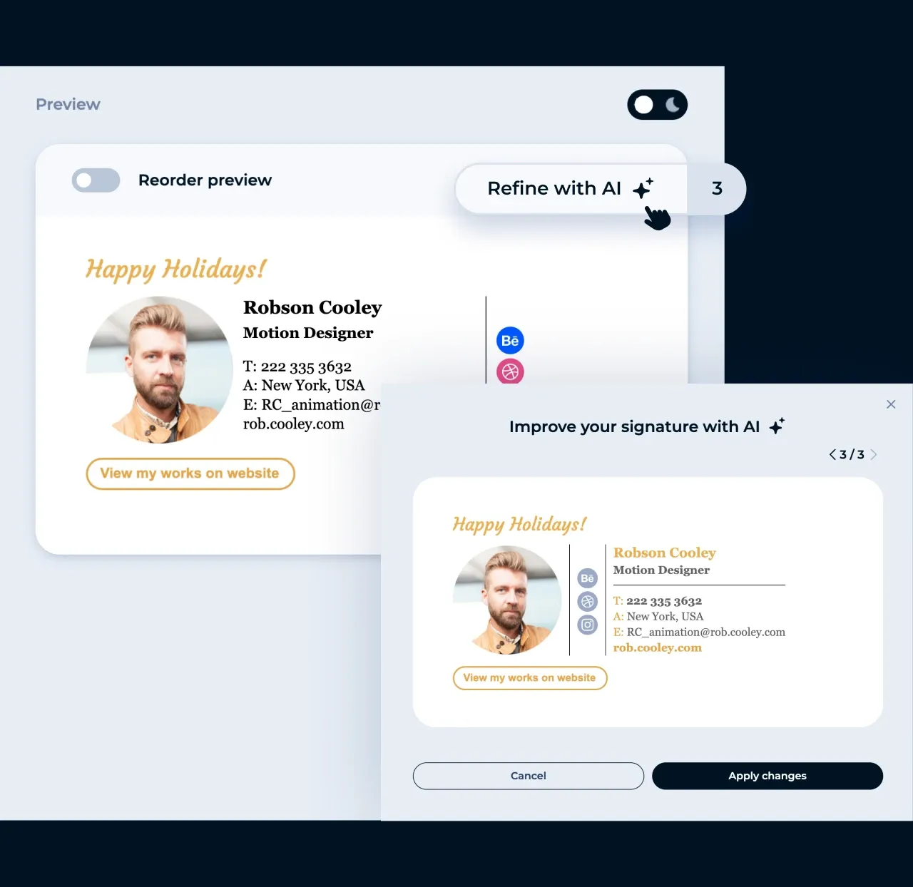 MySignature editor: improving an email signature design with Refine with AI