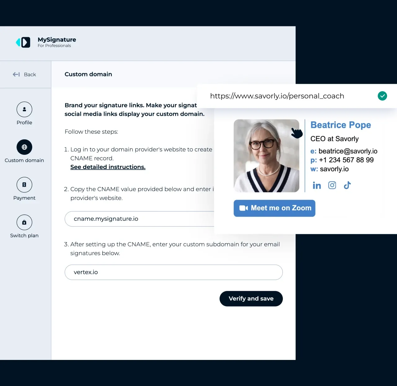 MySignature settings: connecting a custom domain so email signature links show your own brand