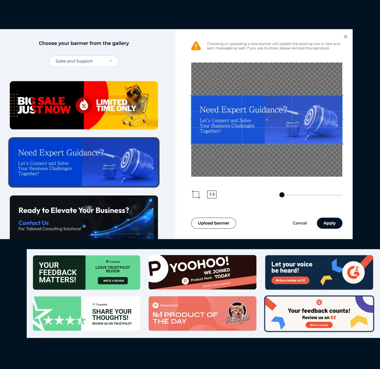 MySignature editor: choosing a ready-made marketing banner from the gallery and cropping it for an email signature