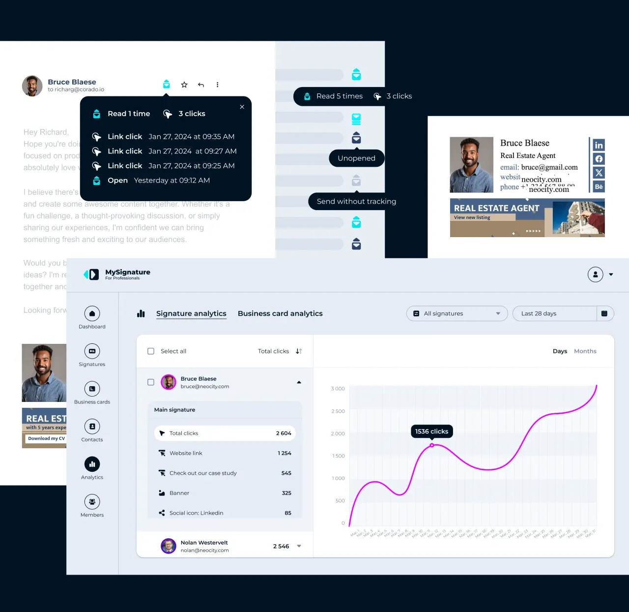MySignature signature analytics dashboard with link clicks and the Gmail email tracker showing opens and clicks