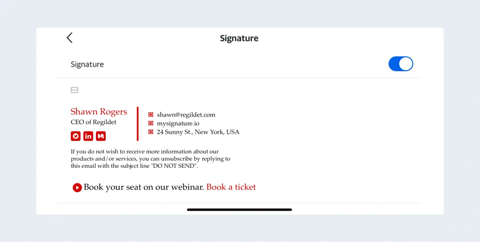 Unfortunately, the mobile app doesn’t support direct insertion of images into signatures. However, you can create a signature with an image using .