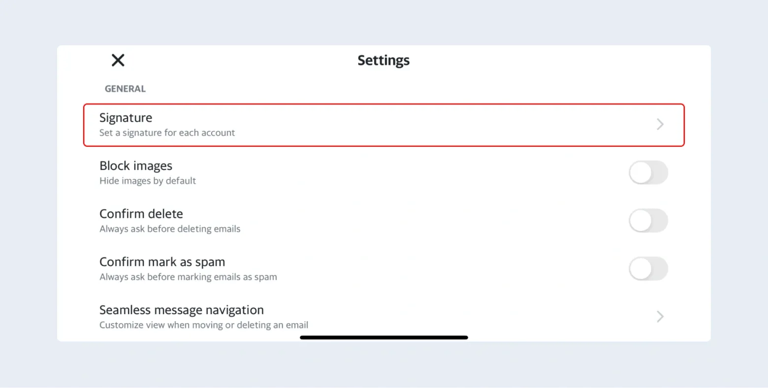 Scroll down to find the “Signature” option. Type your desired text.