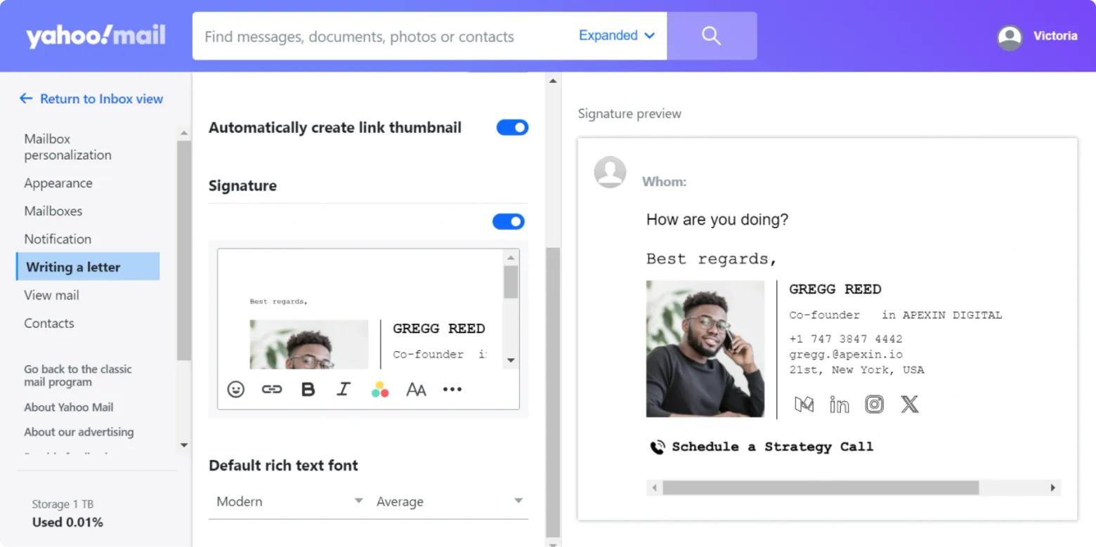 Next, type your desired text for your signature in the editor.