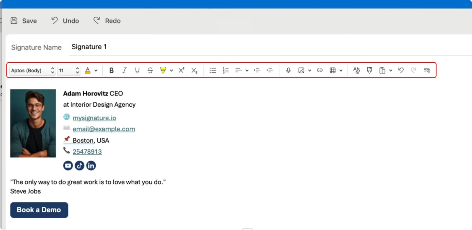Enter your information like name, phone number, and any other details. You can also insert images or links.