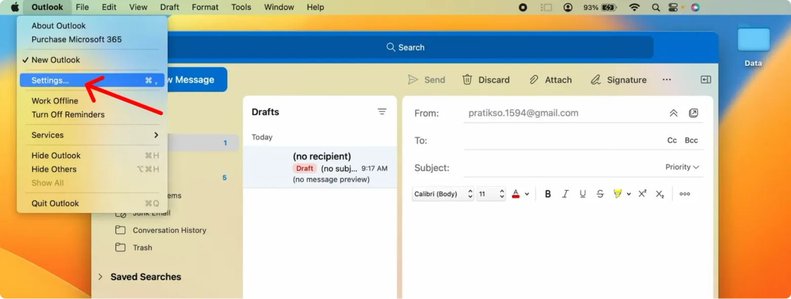 Then, click “Outlook” in the top menu and select “Settings.”