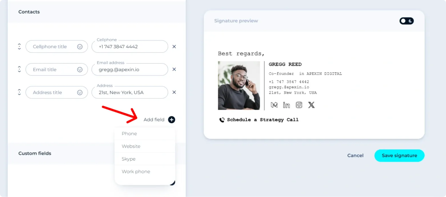 How do you add a phone number to your email signature?