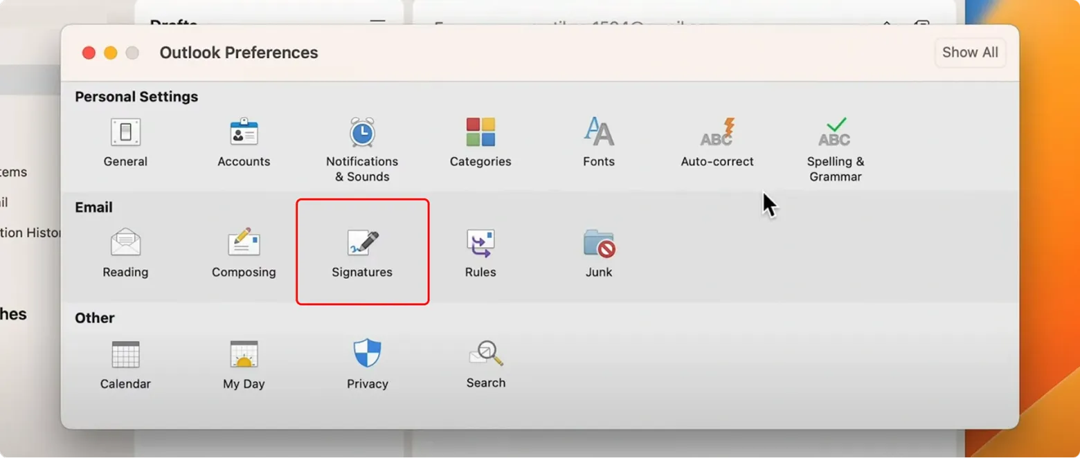 In the Settings window, click on "Signatures" under the Email category.