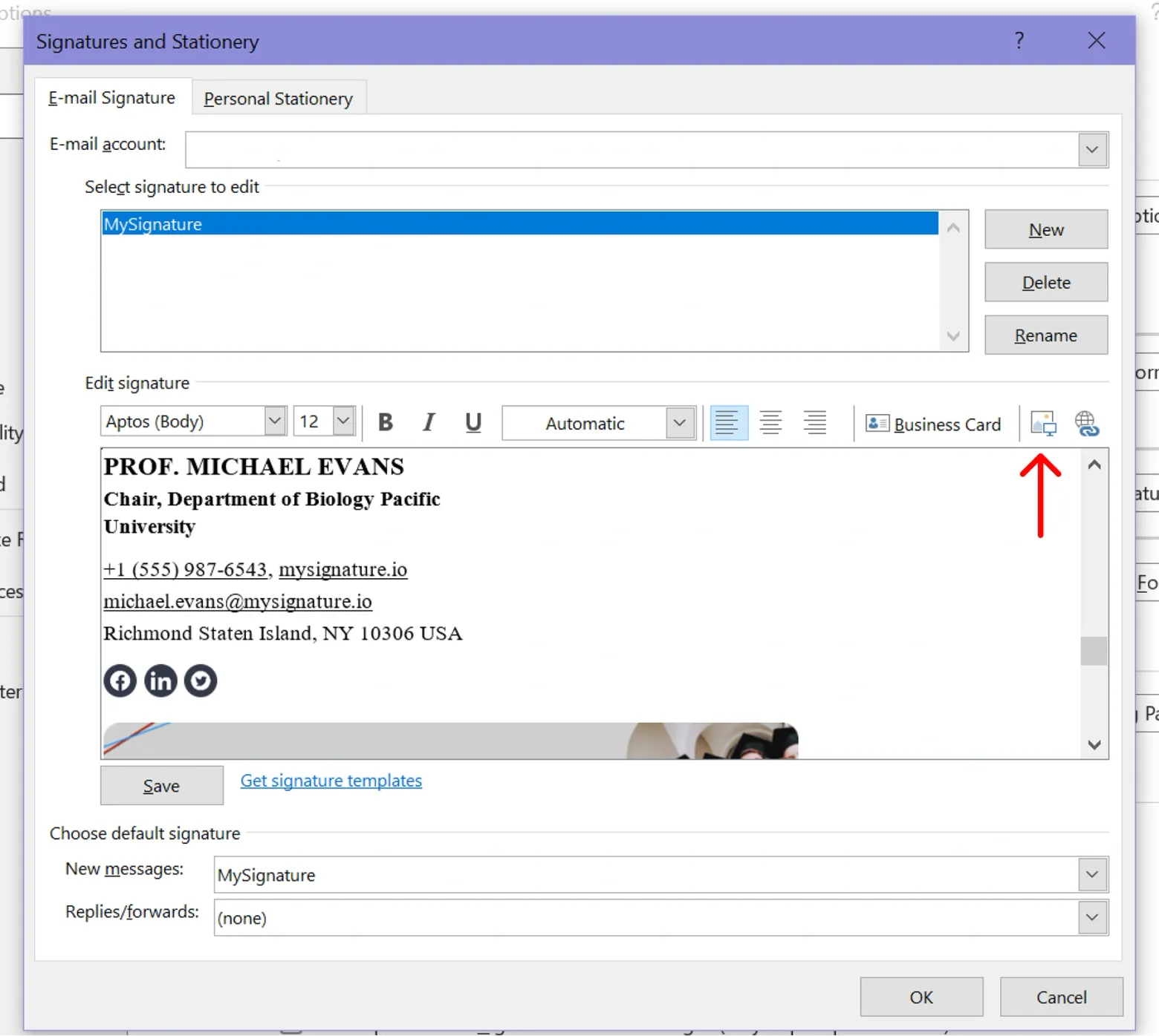 Click on the image icon to browse your computer and select the desired image to include.