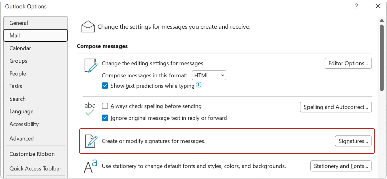 In the Options window, click on "Mail" and then select "Signatures."