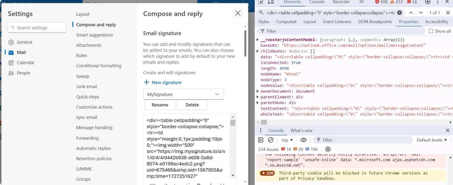Now, you need to open the page inspector. Press the F12 key. Press Ctrl+F to search within the code, and paste the text from the email signature field. When you find this text in the code, select the all line where it appears. Click "Edit as HTML."