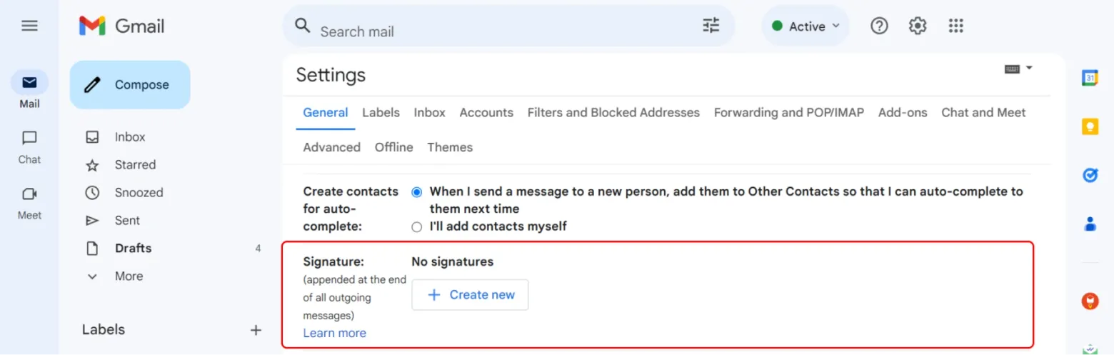 Click on "Create new" if you don't have a signature, or select an existing one to edit