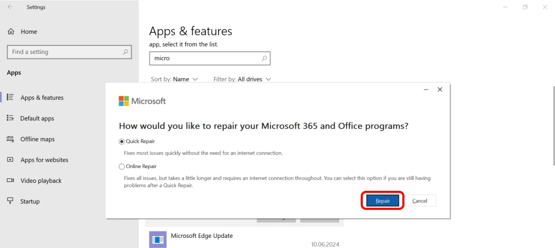 Repair Office 365 Outlook