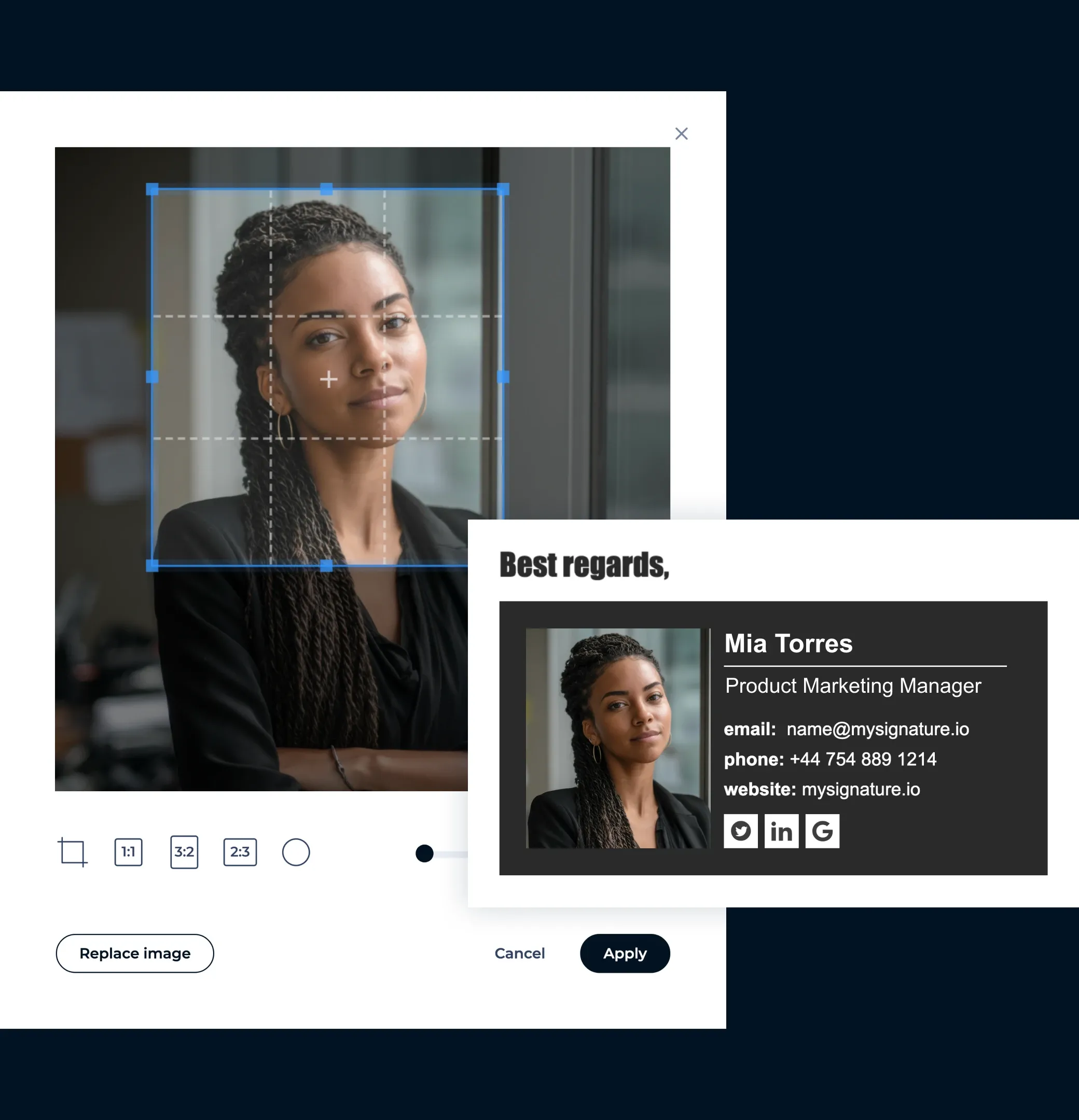Use a professional headshot or brand graphic