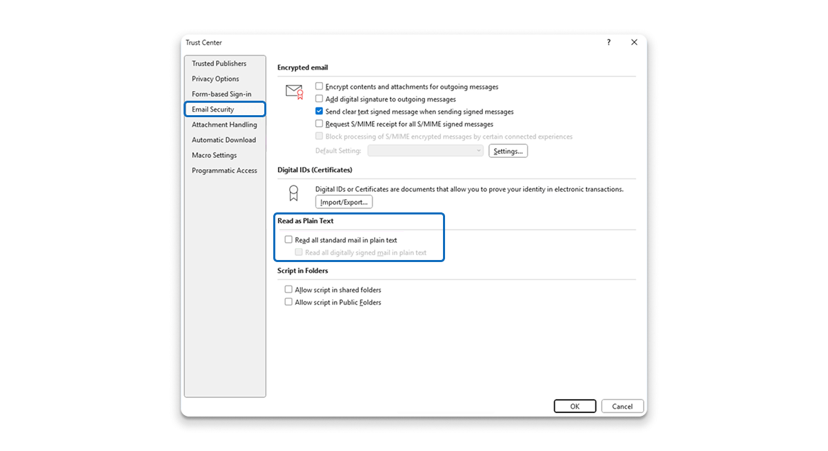 Readall standars mail in plain text Outlook