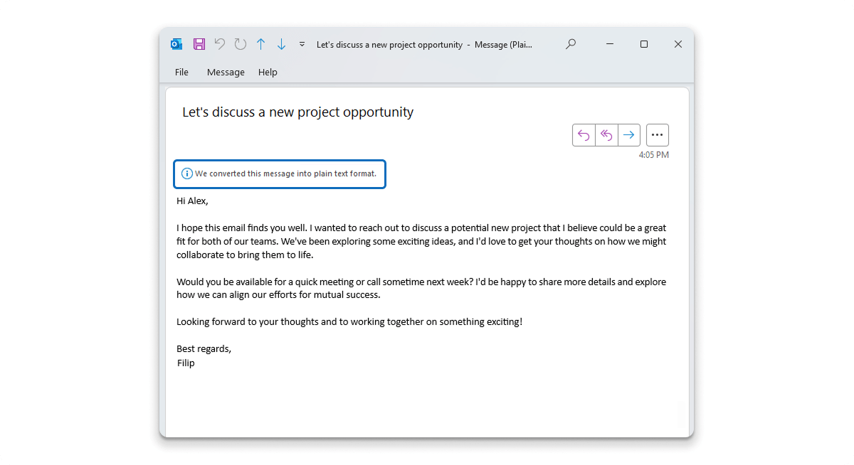 We converted this message into plain text format