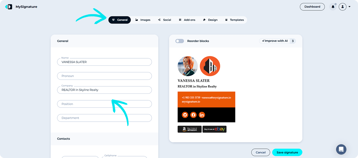 General Information Tab in Email Signature