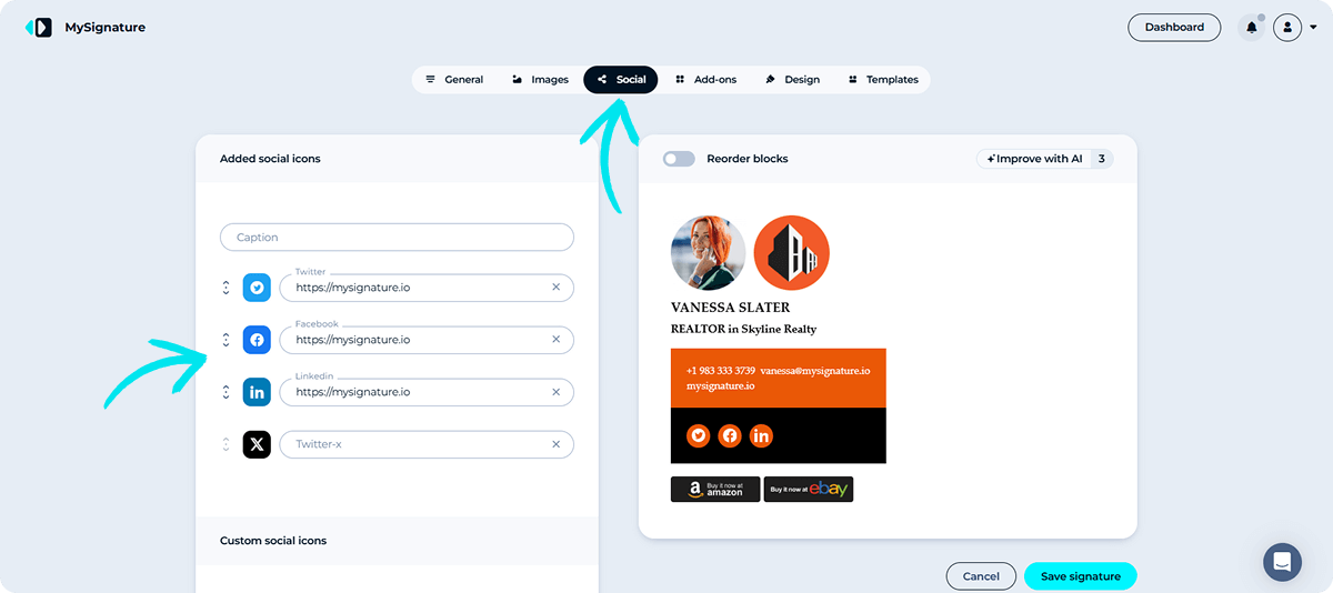 Social Tab in Email Signature Editor