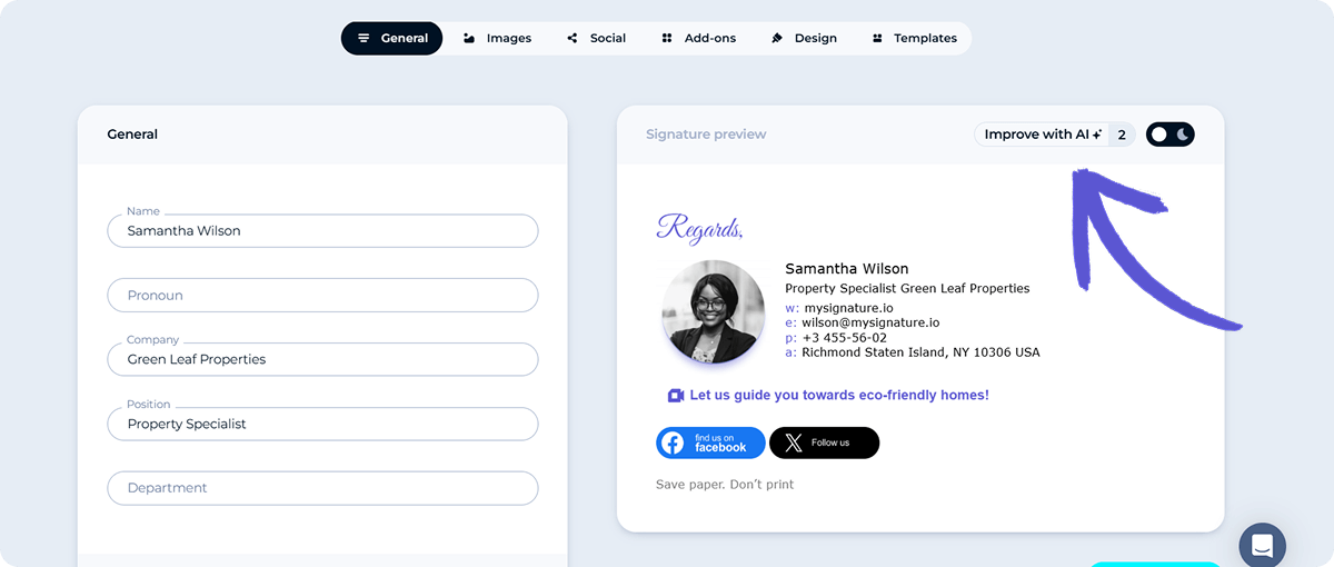 A screenshor of improve with AI feature MySiganture