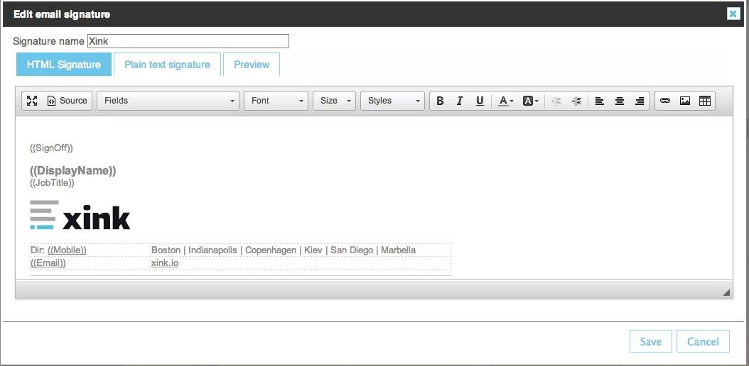 A screenshot of the Xink email signature tool interface