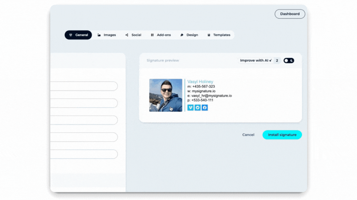 MySignature is an AI email signature maker with a built-in AI enhancement feature