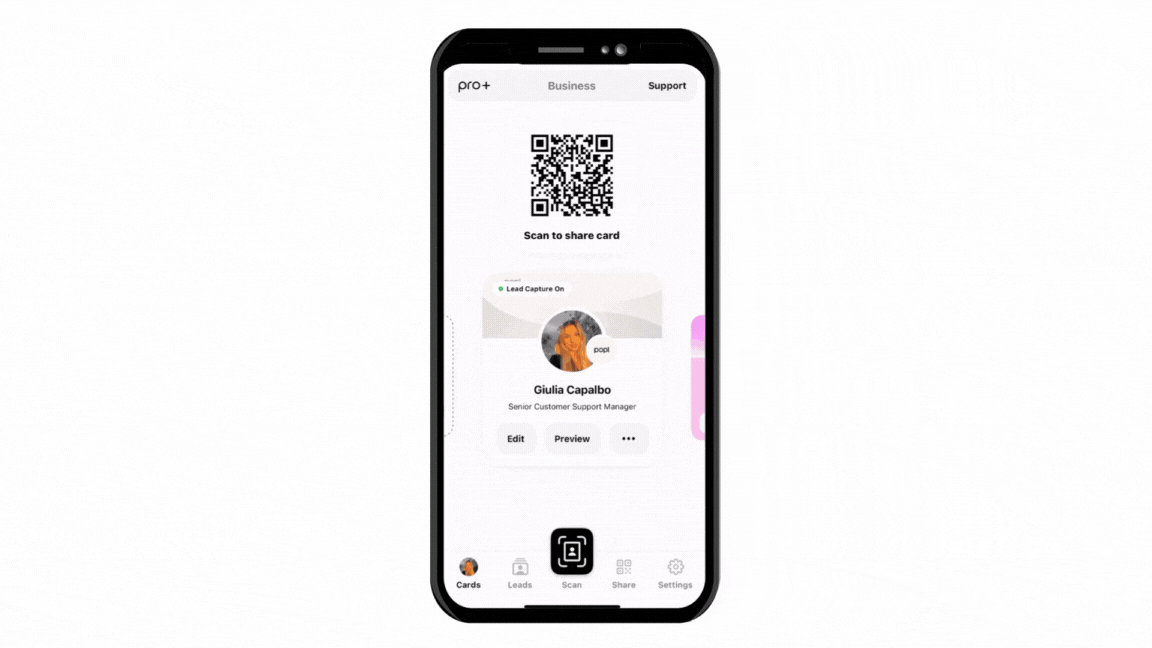A gif showing sharing options for a Popl digital business card