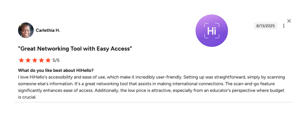 A screenshot of a G2 customer review discussing HiHello’s ease of use