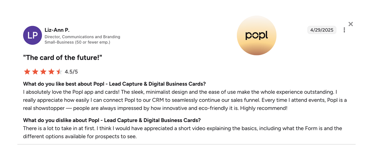 A screenshot of a G2 customer review discussing Popl’s ease of use