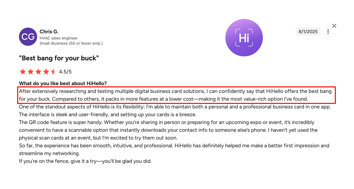 A screenshot of a G2 review of HiHello discussing the value for money