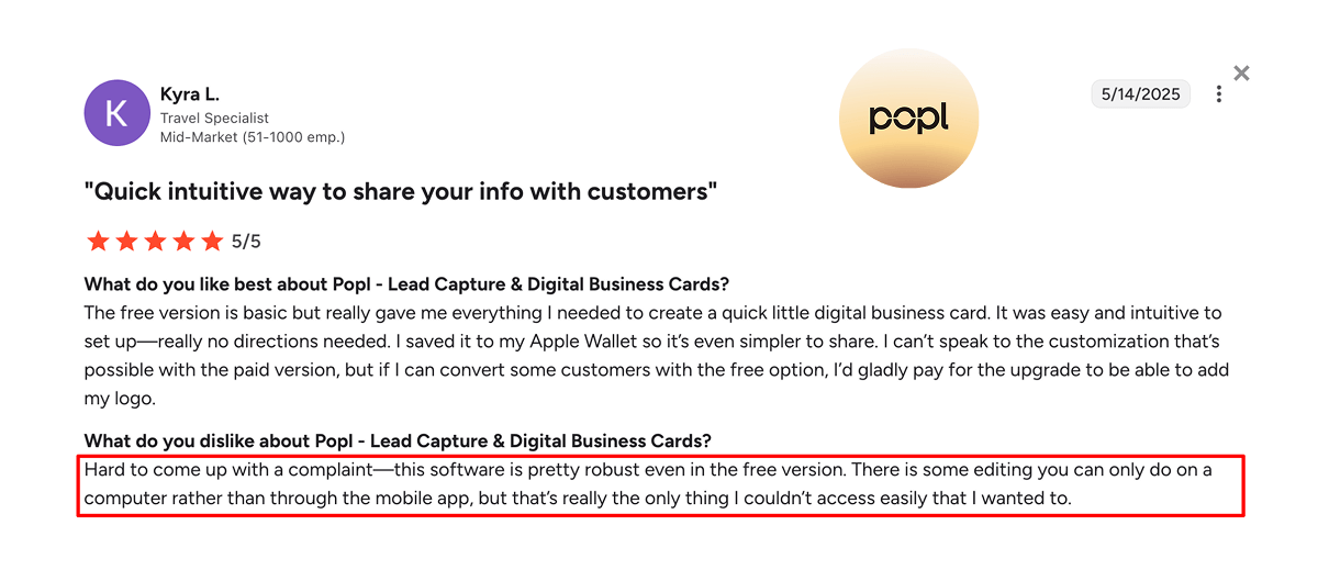A screenshot of a G2 review of Popl discussing the mobile app experience