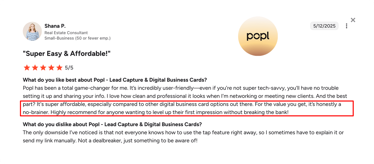 A screenshot of a G2 review of Popl discussing the value for money
