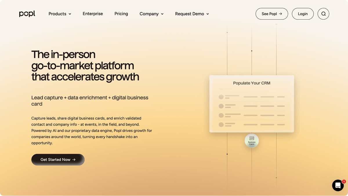 A screenshot of the Popl website homepage