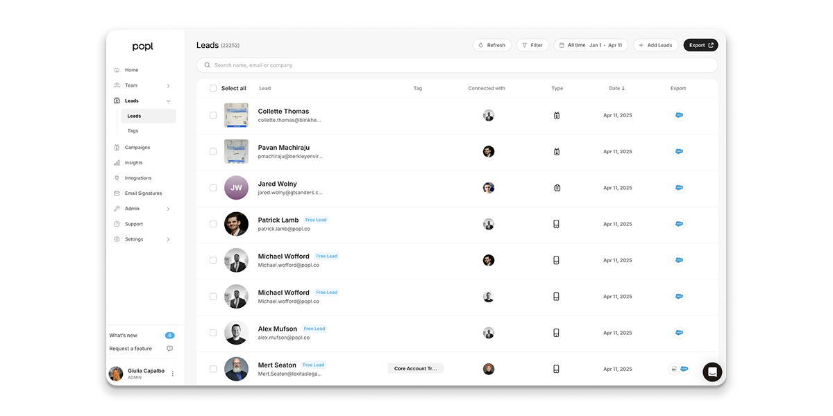 A screenshot of the lead management tab in Popl
