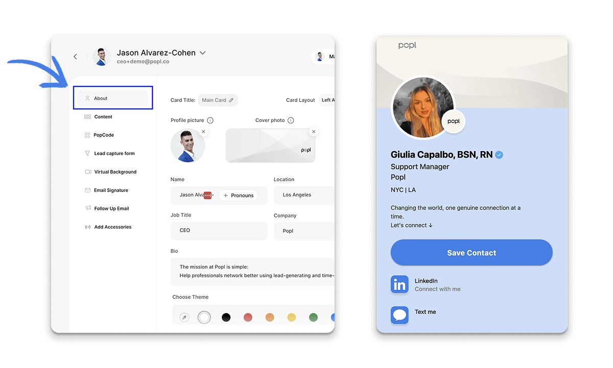 An example of a digital business card created in Popl