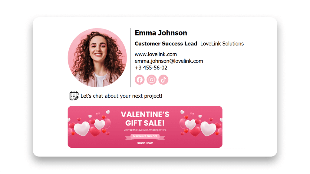 Email signature with Festive colors (reds, pinks, whites, gold)