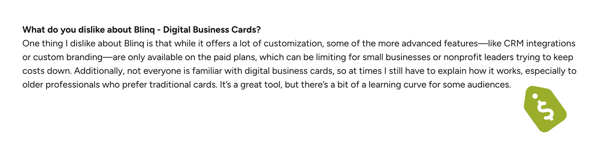 G2 comment discussing Blinq pricing