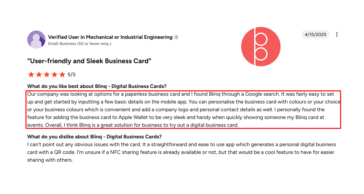 G2 review discussing the mobile app experience of Blinq