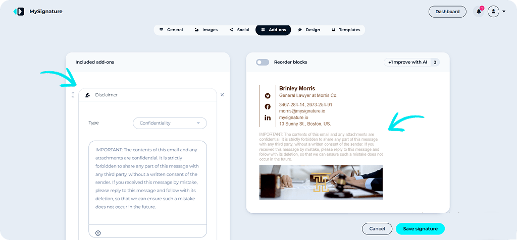MySignature Email Diclaimer Editing